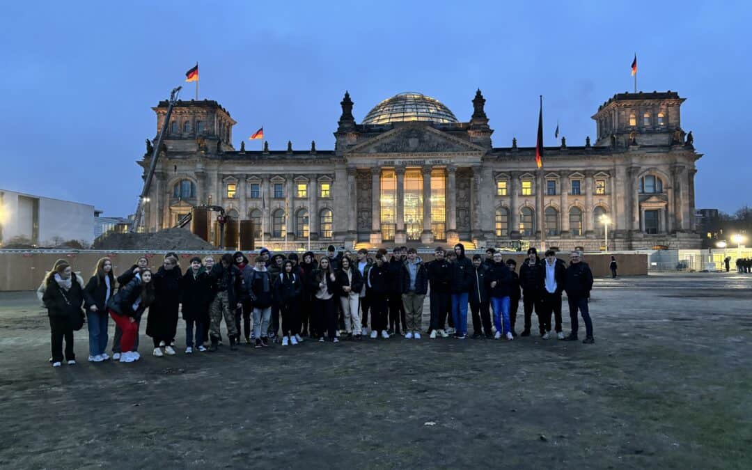 Students from Laurus Ryecroft stand outside of the Reichstag building in Berlin.