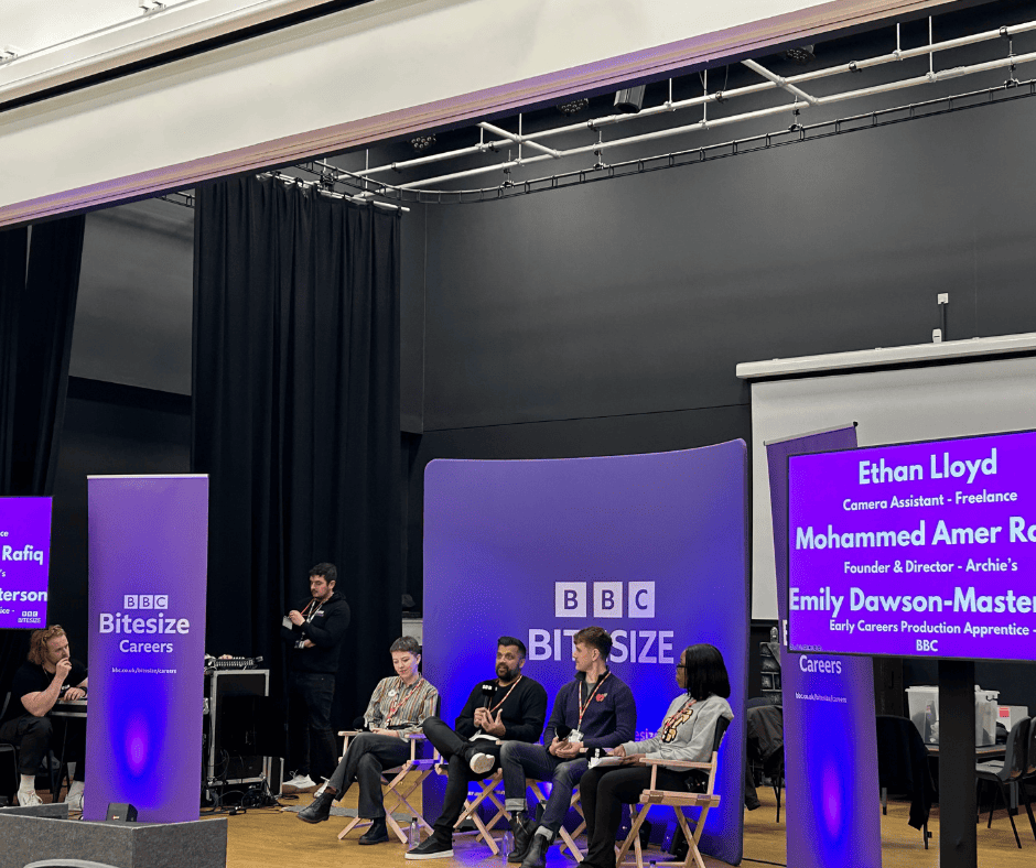 Image of Fee Mak, Radio 1Xtra's Sunday morning breakfast show presenter. The panel included Ethan Lloyd, a freelance Camera Assistant, Emily Dawson Masterson, an Early Careers Production Apprentice, and Mohammed Amer Rafiq, Founder and Director of Archie’s fast-food chain.