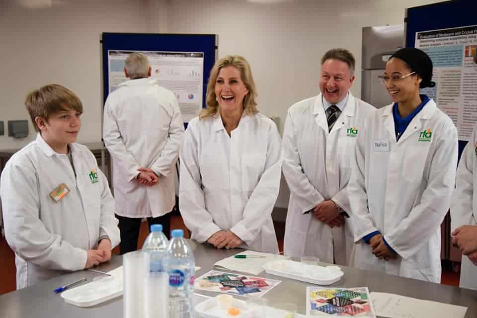 A Laurus Ryecroft student takes part in an agri-food session with the Duchess of Edinburgh and a lecturer and student ambassador from Harper Adams University