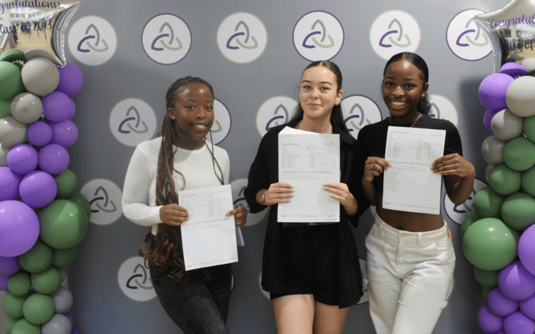 Kayla, Maddie and Chloe pose with their GCSE results at Laurus Ryecroft