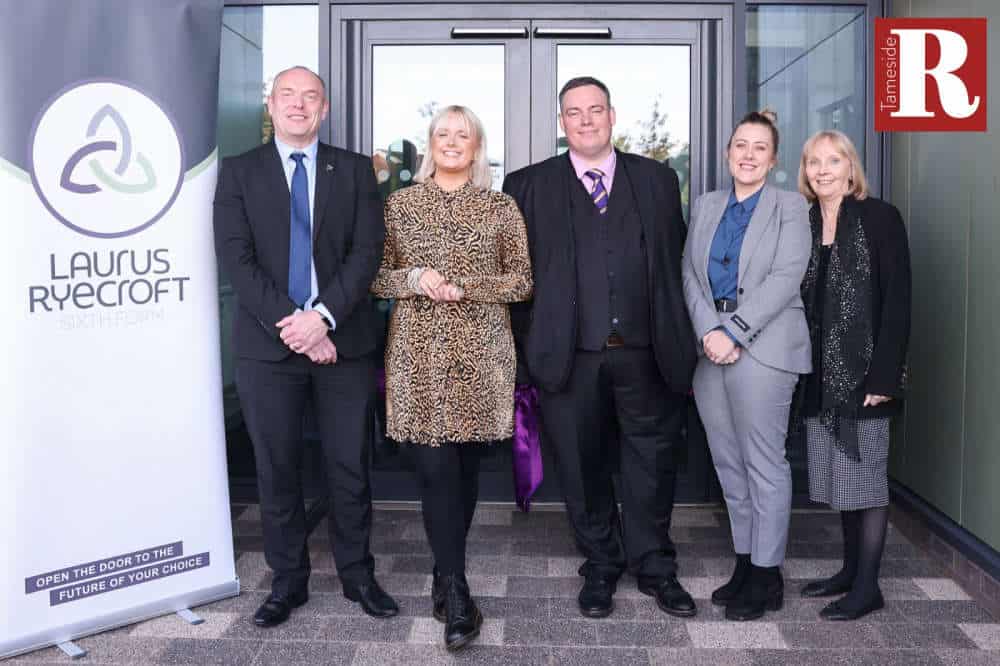 An image of Senior leadership and representatives by the Tameside Reporter taken at the official launch event for Laurus Ryecroft Sixth Form.