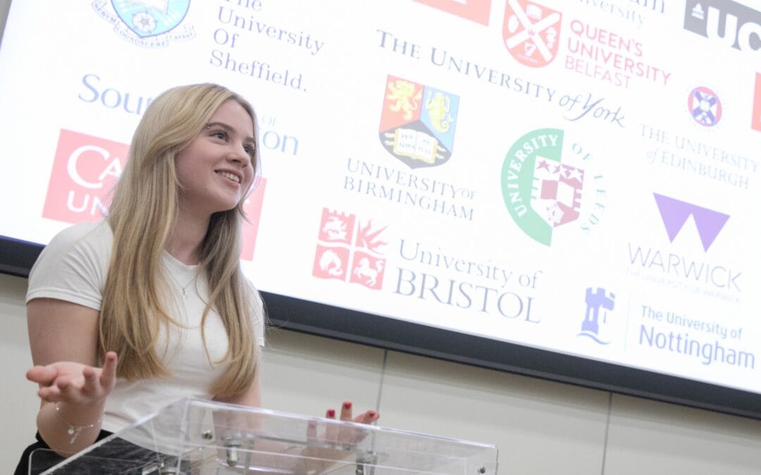 A Laurus Ryecroft Sixth Form student speaks at a lectern.
