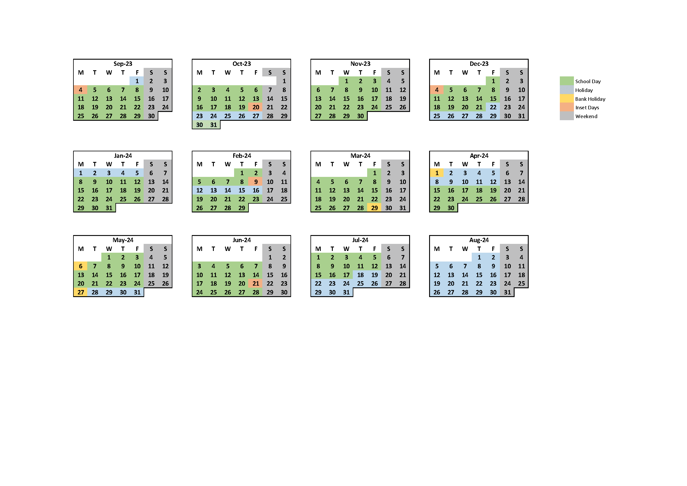 2023 - 2024 calendar view of the school term dates