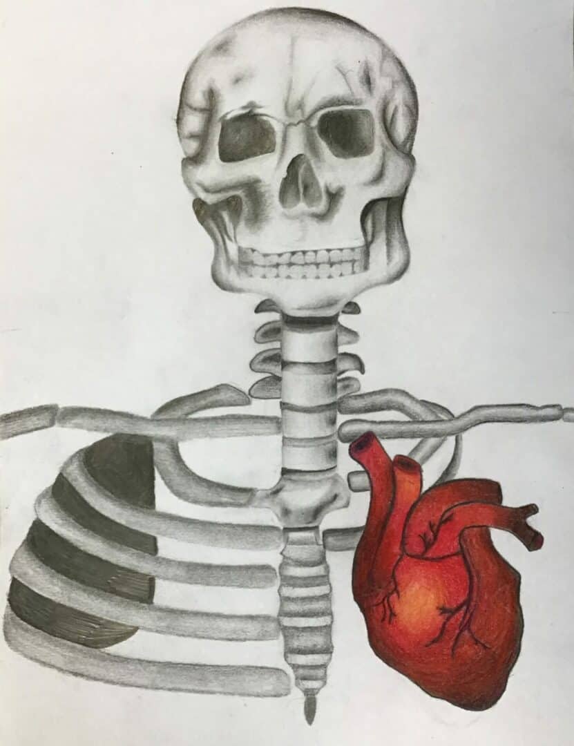 A pencil sketch of a black and white skeleton with a bright red heart
