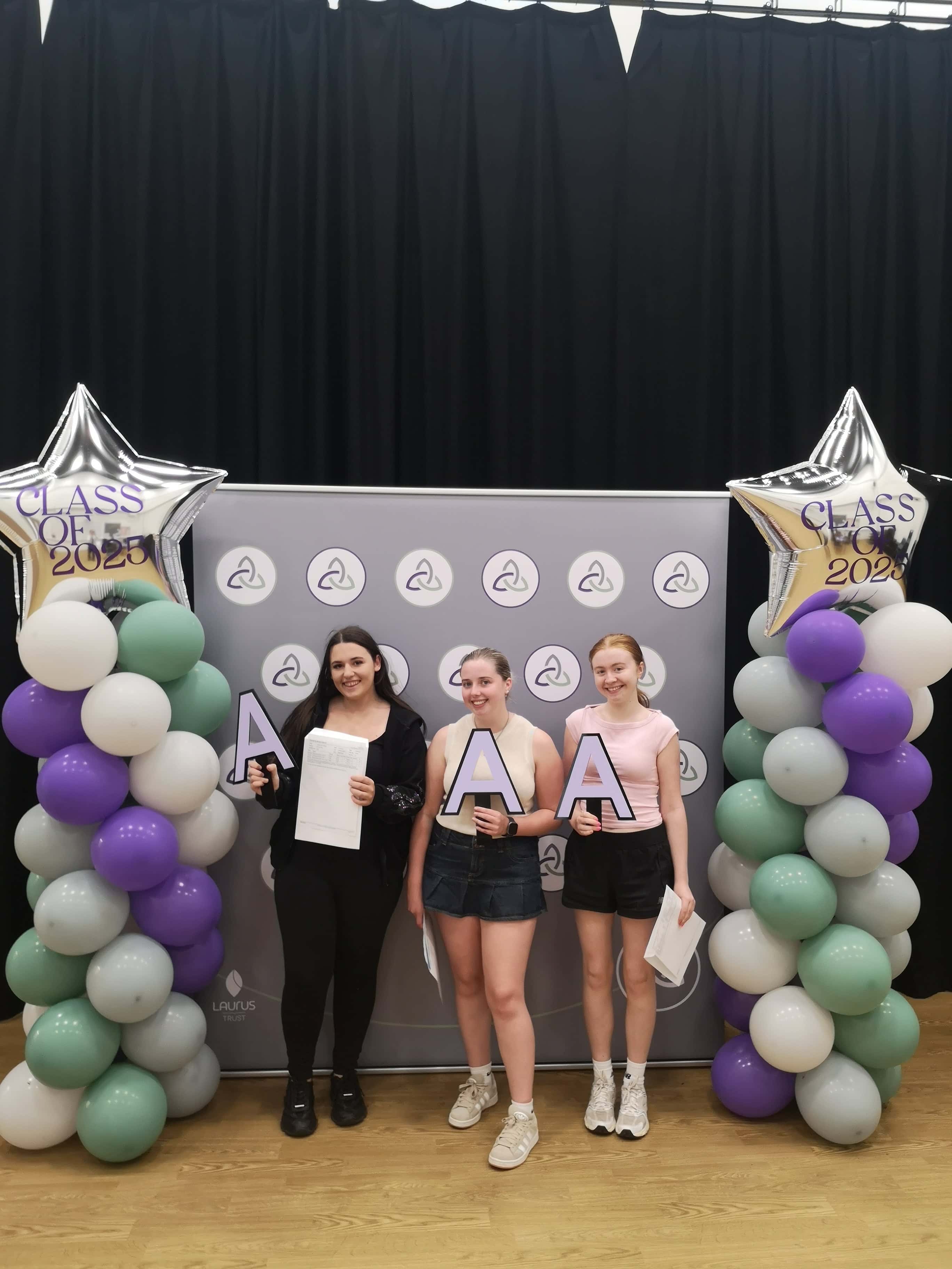 Lydia, Sophie and Natalie collect A Level results 2025 at Laurus Ryecroft Sixth Form.